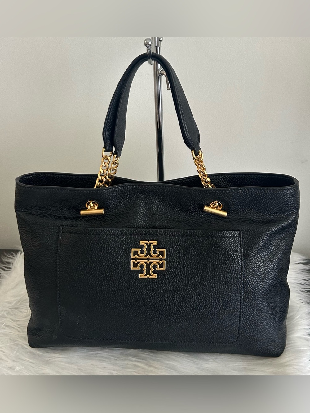 Tory Burch Black Pebbled Leather Chain Tote Shoulder Bag Large everyday purse - Picture 3 of 11